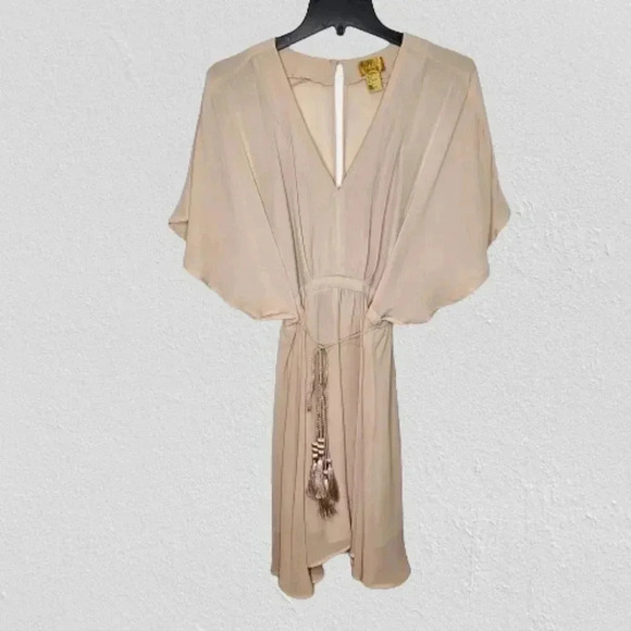 H & M Boho Flowy Lined Midi Dress Flutter Sleeve Waist Tie Neutral Beige Size 6 - Picture 10 of 11